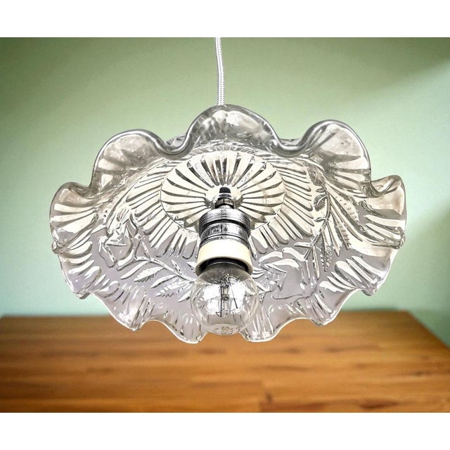 Mid-Century Portuguese Clear Floral Glass Farmhouse Hanging Lamp For Sale - Image 6 of 10