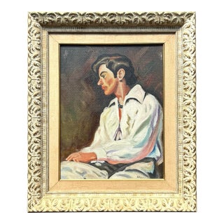 Vintage Boho Spanish Original Oil Portrait of Man For Sale