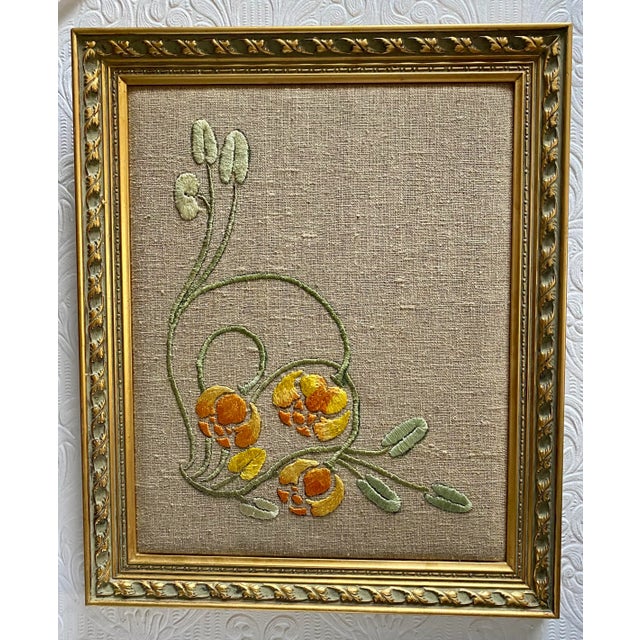 1910s Framed Antique Art Nouveau Silk Floral Embroidery on Linen For Sale - Image 10 of 10