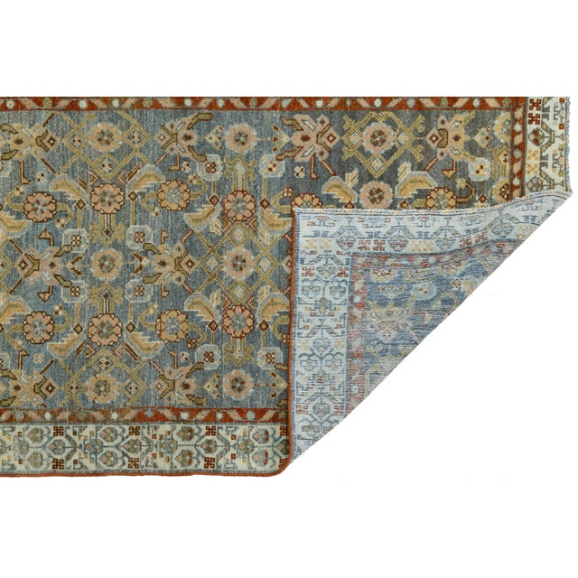 Antique Oriental Runner - Hand-Knotted Wool Muted Blue & Rust Oushak Style 3x13 For Sale - Image 9 of 9