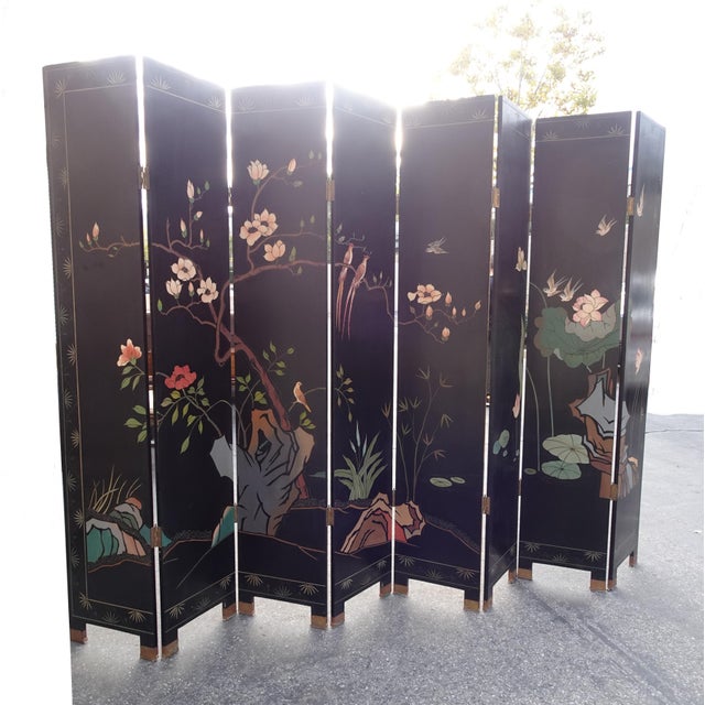 84" Tall Vintage Eight Panel Oriental Asian Gold Folding Screen Room Divider W Birds For Sale - Image 12 of 13