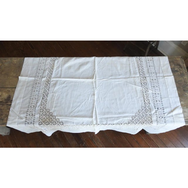 Shabby Chic Antique White Linen Openwork Luncheon Tablecloth For Sale - Image 3 of 8