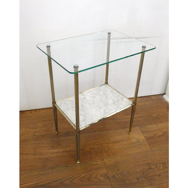 Small Regency-style side table/end table with two tiers: attractive gilt metal base with straight, tapered, fluted/column-...