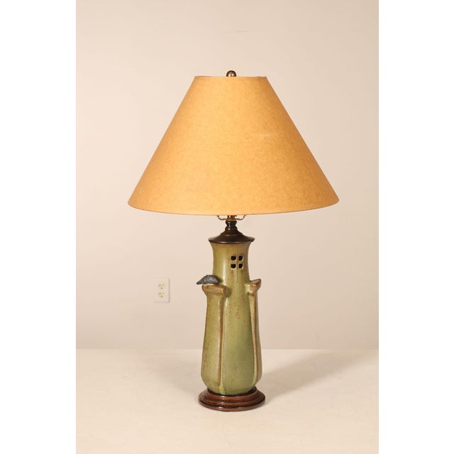 High Quality American Made Ephraim Faience Pottery Table Lamp Featuring A Handcrafted Ceramic Base With Architectural Form...