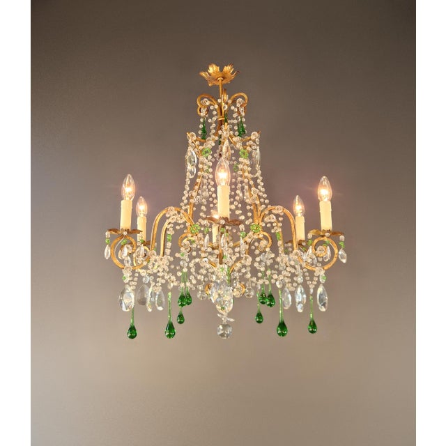 1940s Italian Rococo Revival Crystal Chandelier With Emerald Green Drops 6 Lights For Sale - Image 4 of 13
