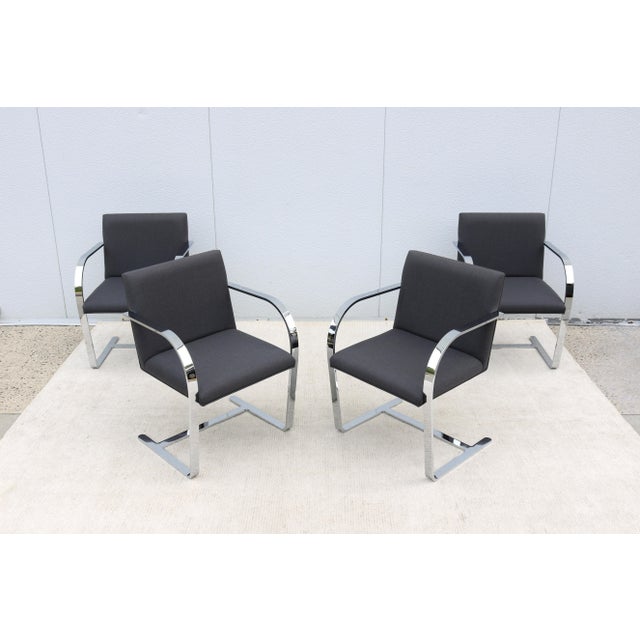Metal Ludwig Mies Van Der Rohe Brno Flat Bar Chairs in Gray Wool by Gordon - Set of 4 For Sale - Image 7 of 18