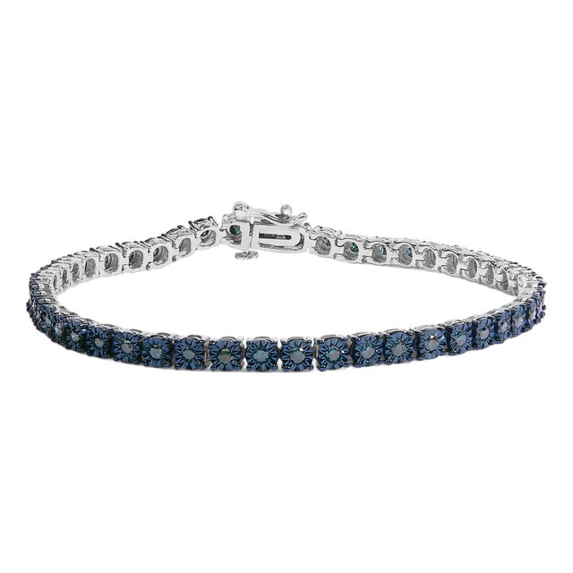 Black Rhodium Plated .925 Sterling Silver 1.0 Cttw Diamond Miracle Tennis Bracelet (Enhanced Blue Color, I3 Clarity) - 7" For Sale