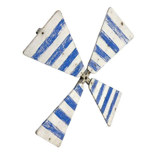 Vintage 1950s striped wood windmill blade assembly, painted in alternating blue and white stripes. This four-blade...