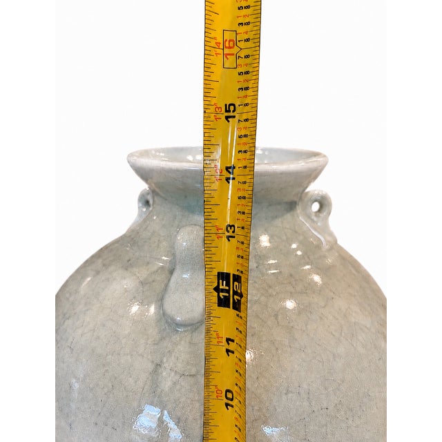 Vintage 1970's Celadon Crackle Glaze Double-Handle Vase For Sale In San Diego - Image 6 of 7