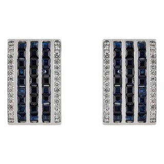 Multi-Stripe Blue Sapphire & Diamond Bar Earrings in 925 Sterling Silver, A Pair For Sale