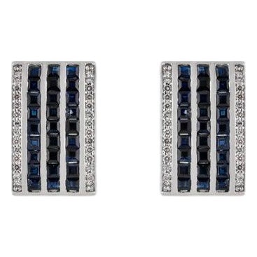 Multi-Stripe Blue Sapphire & Diamond Bar Earrings in 925 Sterling Silver, A Pair For Sale