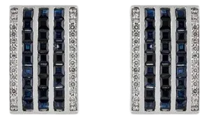 Multi-Stripe Blue Sapphire & Diamond Bar Earrings in 925 Sterling Silver, A Pair