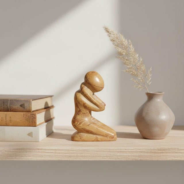 Hand-carved yellow jasper figure depicting a kneeling form with arms drawn inward, conveying a quiet, introspective...