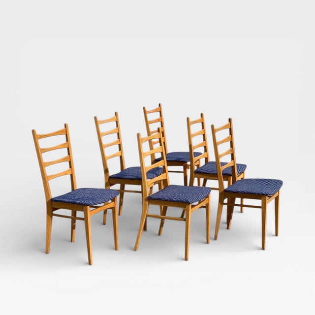 Wood Set of Six Mid-Century Modern Ladderback Dining Chairs With New Upholstery For Sale - Image 7 of 18