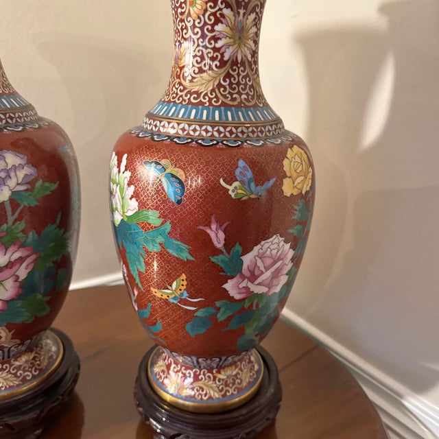 Vintage Red Cloisonné Floral Vases on Stand ~ a Pair For Sale - Image 11 of 12