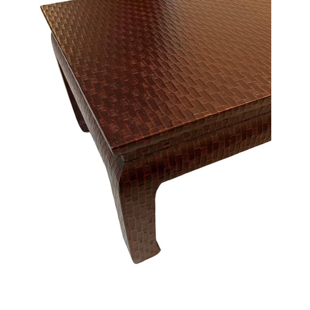 Karl Springer, chinoiserie style pair of grasscloth side tables by Baker. Each measures 20 x 20 x 14 1/4” Wrapped in a...