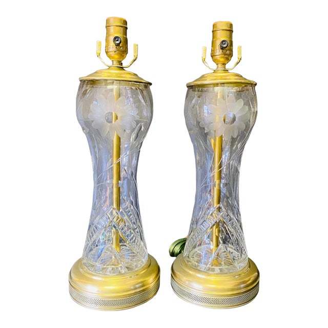 Mid-Century Brass and Crystal Lamps With Etched Flowers a Pair For Sale