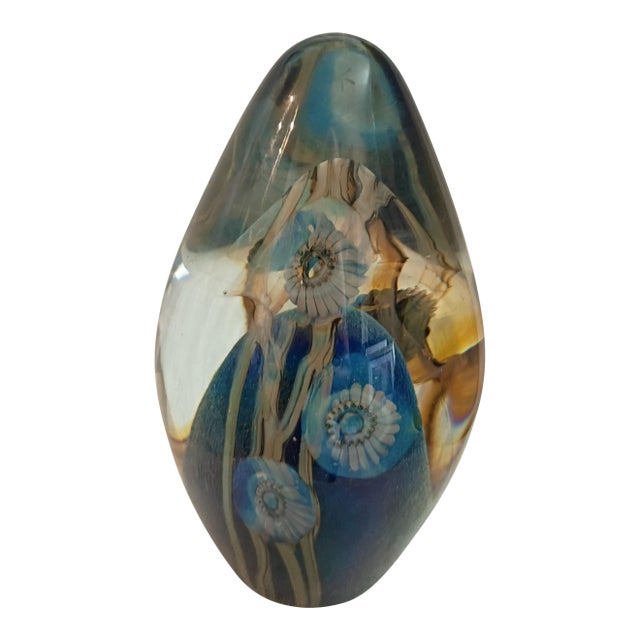 Vintage Robert Eickholt Signed Art Glass Floral Egg Paperweight For Sale