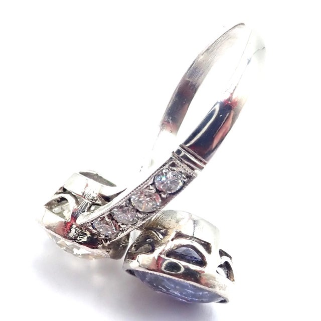 Vintage Estate Platinum Diamond Sapphire Art Deco Crossover Ring, Size 6.5 For Sale In Philadelphia - Image 6 of 10