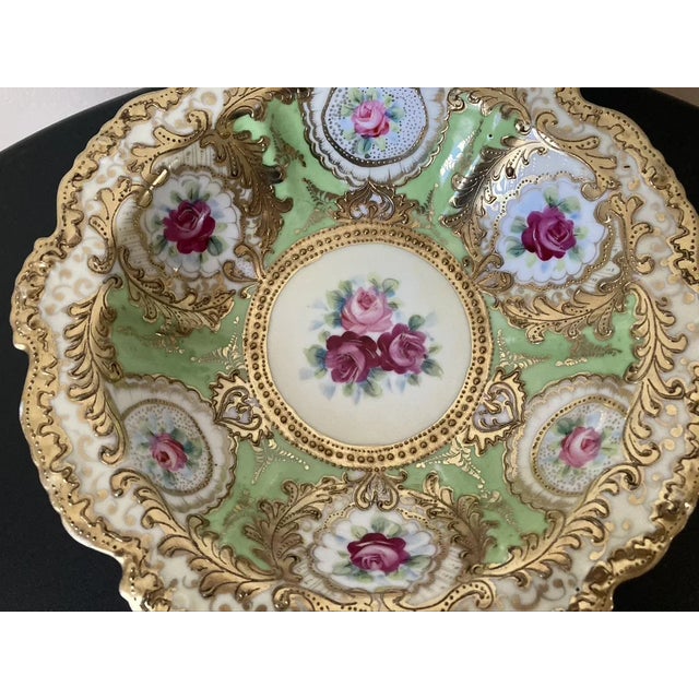 Ceramic Early 20th Century Hand Painted Gold Nippon Green Floral Victorian Roses Porcelain Bowl, Japan For Sale - Image 7 of 12