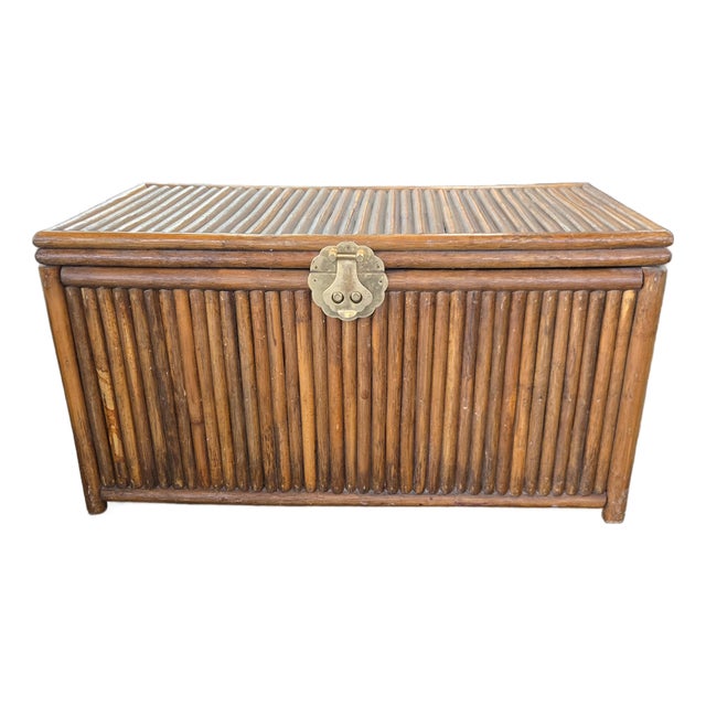 VIntage Rattan Storage Trunk W/ Brass Accents For Sale