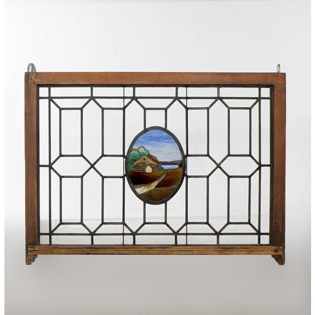 Antique Arts & Crafts Leaded & Stained Glass Window With Country Road Circa 1910 For Sale - Image 10 of 14