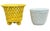 Pair of vintage ceramic pots with woven looks. Larger yellow pot with a round open basket weave design, flared mouth, and...