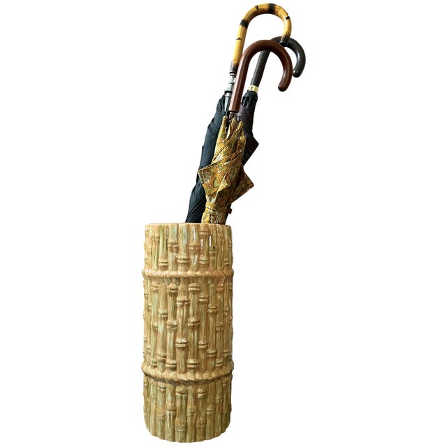 Chinoiserie Mid 20th Century Hollywood Regency Majolica Faux Bamboo Umbrella Stand or Floor Vase, Palm Beach Style, 18" For Sale - Image 3 of 9