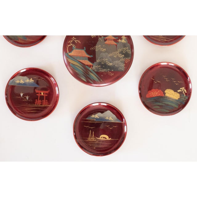 Japanese 1970s Japanese Lacquered Wood Set of 6 Coasters in Box For Sale - Image 3 of 14