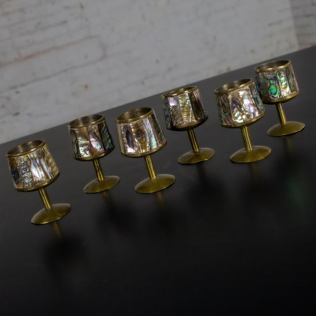 Mid-20th Century MCM 6 Cordial Stemmed Shots and Tray Set Abalone and Brass From Taxco Mexico For Sale - Image 12 of 18