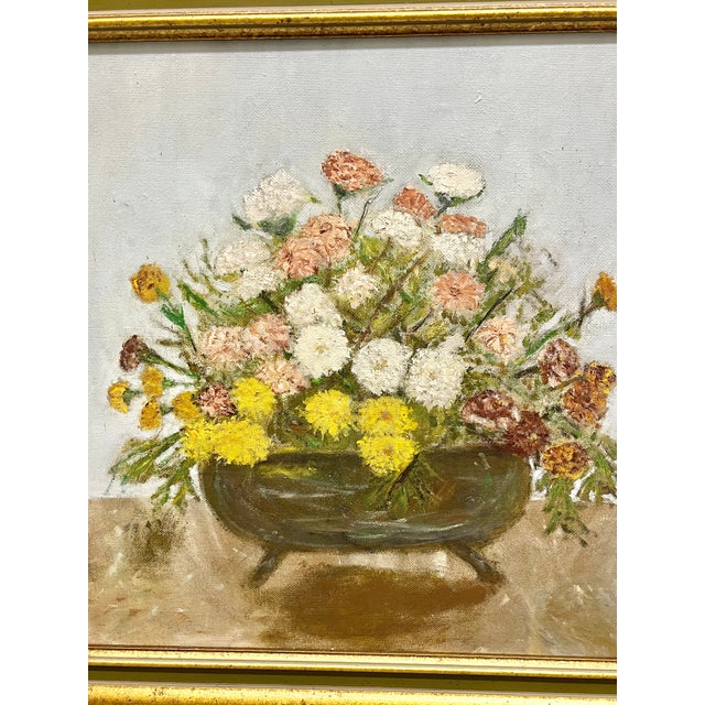 Vintage Folk Art Floral Still Life Oil on Board For Sale - Image 4 of 18