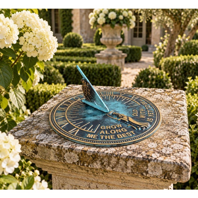 A classic vintage iron verdigris garden sundial inspired by traditional English estate landscapes, reading "Grow old along...