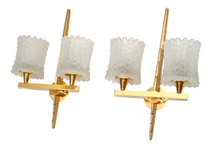 Maison Arlus Pair of Double Brass & Textured Glass Sconces Wall Lights Art Deco