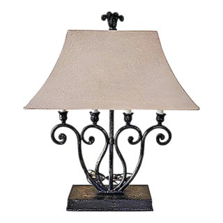 Uttermost Wrought Iron Scrollwork Table Lamp With Fabric Shade – 4-Light Rustic French Country 26.5” For Sale
