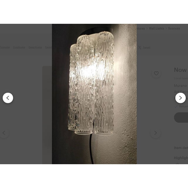 Metal Mid-Century Modern Art Deco Style Murano Glass Wall Lights attributed to Toni Zuccheri for Venini, 1970s, Set of 2 For Sale - Image 7 of 11