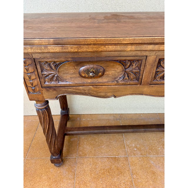 Spanish Walnut Drop-Leaf Table With Three Drawers, 1930s For Sale - Image 15 of 16
