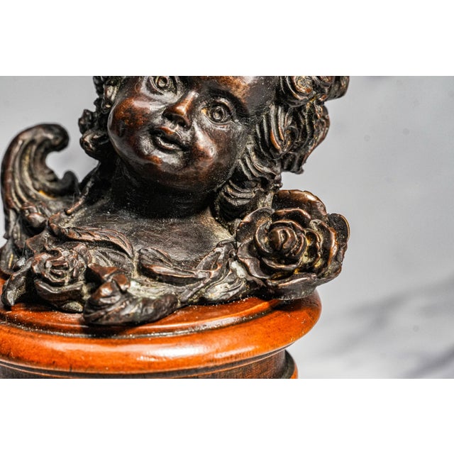Traditional Classic Antique Bronze Cherub Bust Sculpture on Wood Pedestal Edwardian Putti Figure For Sale - Image 3 of 11