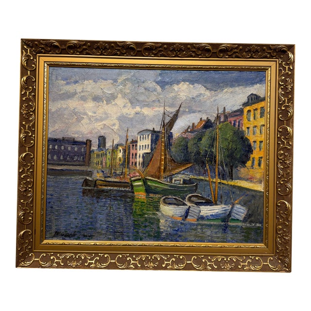 19th Century Oil on Canvas "City Canal" For Sale