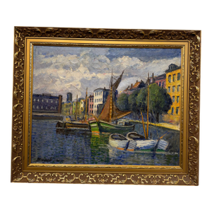 19th Century Oil on Canvas "City Canal"
