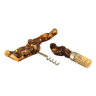 Vintage Set of Corkscrew & Wine Stopper Cork From Grapevine Root Wood, French For Sale