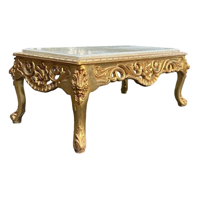 1970s Italian Baroque Gold Beech Marble Coffee Table For Sale