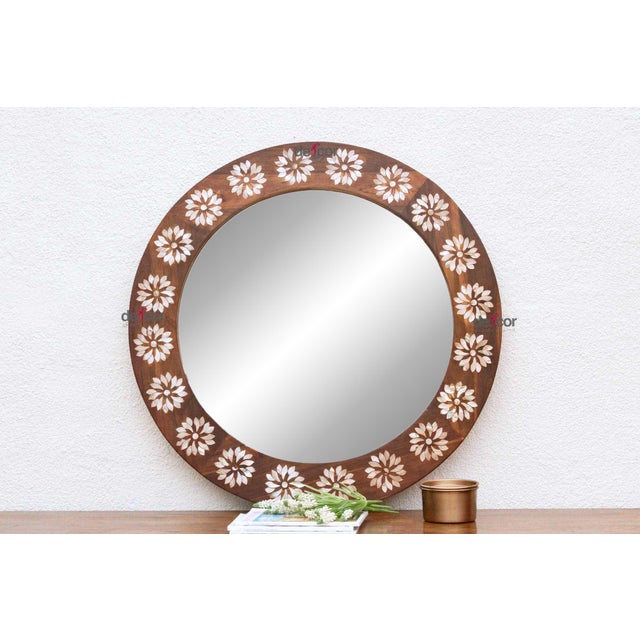 Brown Precious Floral Mother of Pearl Inlay Round Mirror For Sale - Image 8 of 8