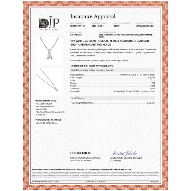 White 14k White Gold Antique Cut 0.50ct Pear Shape Diamond Solitaire Pendant Necklace For Sale - Image 8 of 8