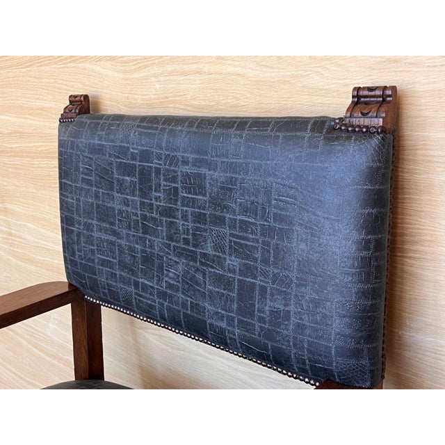Spanish 19th Spanish Carved Walnut Armchair with New Black Leather and Solomonic Columns For Sale - Image 3 of 18