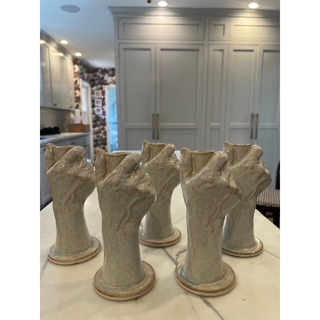 Ceramic Gray Sculpted Hand Mold Contemporary Candle Stick, Taper Holder For Sale - Image 7 of 9