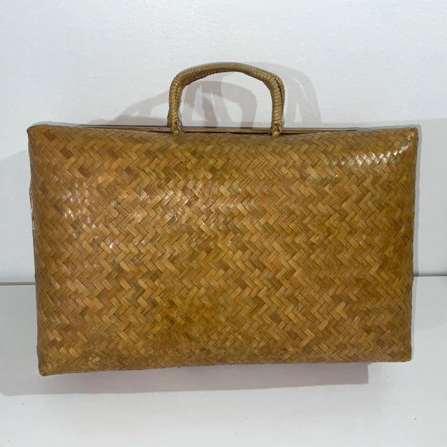 Wood Mid-Century Boho Chic Bamboo Suitcase Style Storage Basket For Sale - Image 7 of 9