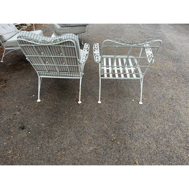 Metal Vintage 1950s Woodward Style Wrought Iron White Chantilly Rose Pattern Set of 5 With Water Proof Cushion Patio Furniture For Sale - Image 7 of 7