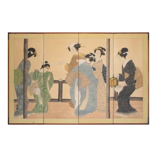 1960s Showa Era Japanese Ukiyo-E Style Byobu Screen "Young Beauties" For Sale