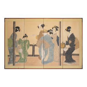 1960s Shōwa Era Japanese Ukiyo-E Style Byobu Screen "Young Beauties"