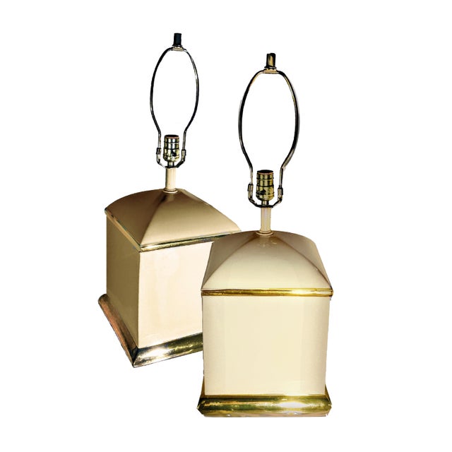 70s Chapman Hollywood Regency Style Cream & 14k Gold Square Shaped Lamps - a Pair For Sale In Palm Springs - Image 6 of 6